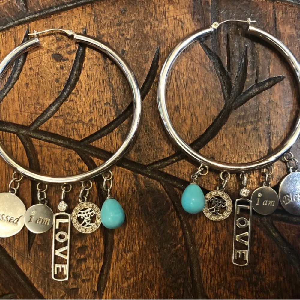 Mary Margrill 14k Gold “Love, I AM Blessed” Diam Turquoise Charms Hoop Earrings - Picture 4 of 8